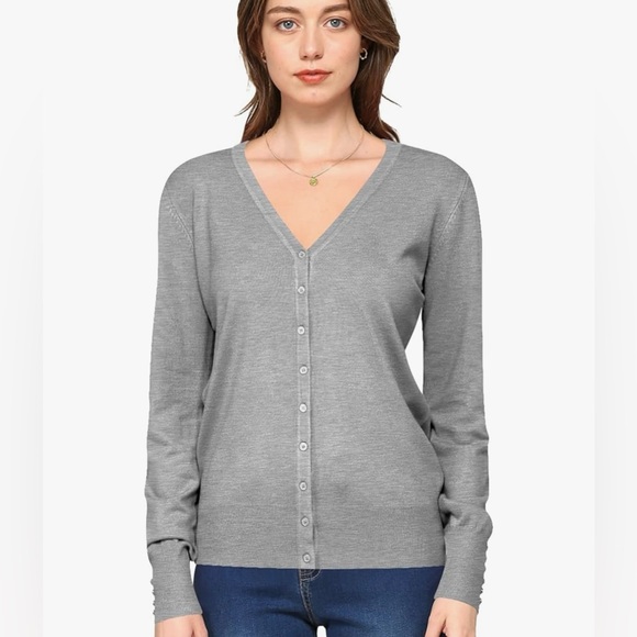 Long Sleeve Button Down Classic Crew Neck V-Neck Knit Cardigan Sweater -h.grey - Picture 3 of 4